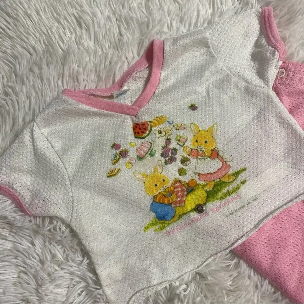 VINTAGE • Pink + White Bunny Snap Waist Waffle Knit Pajama Set